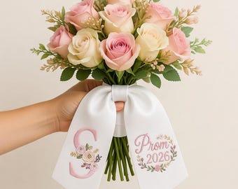 Personalized Prom 2026 Bouquet Sash, Custom Floral Monogram Ribbon, Class of 2026 Keepsake, Senior Night Sash, Graduation Gift