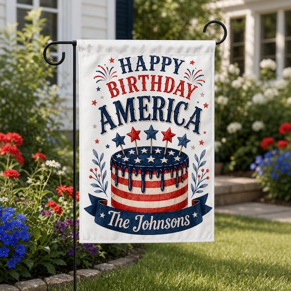 Happy Birthday America Garden Flag, Personalized Family Name Patriotic Cake Yard Decor, Custom 4th of July Summer Party Sign