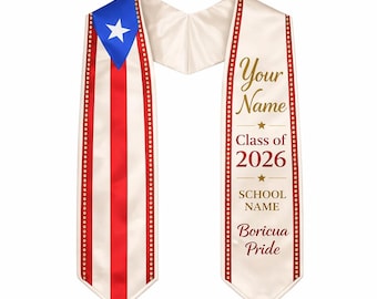 Custom Puerto Rican Graduation Stole 2026, Puerto Rican Flag Sash, Boricua Grad Stole, Personalized Name School Stole, Latino Grad Gift