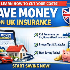 May include: A promotional image with the text "SAVE MONEY ON UK INSURANCE." It features a tablet displaying insurance savings, a red car, a house, a stethoscope, and a piggy bank with coins. The Union Jack flag and gold coins are also present.