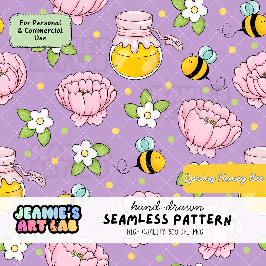 Spring Honey Bee Seamless Pattern Peony Design, Flowers Digital Paper ...