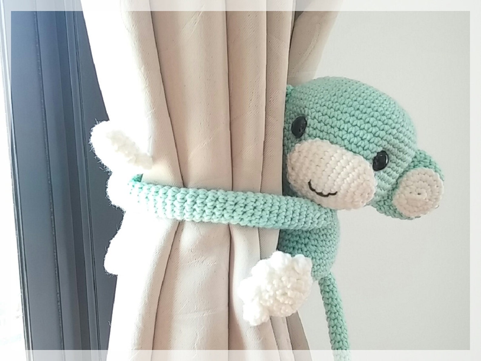 Monkey curtain tie back cotton yarn crochet monkey Mint green.