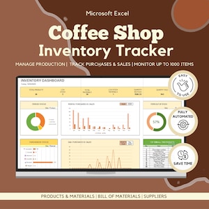 May include: A digital Coffee Shop Inventory Tracker displayed on a laptop screen. The Excel spreadsheet shows data visualizations, including charts and graphs, with the text "Manage Production | Track Purchases & Sales | Monitor up to 1000 Items."