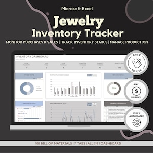 May include: A laptop screen shows a Microsoft Excel jewellery inventory tracker. The dashboard displays data visualisations, including charts and graphs. Text on the screen includes "Inventory Dashboard," "Monitor Purchases & Sales," and "Manage Production." The design includes icons for ease of use, currency, and automation.