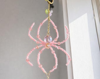Handmade Pink Beaded Spider Suncatcher • Gothic Cottagecore Window Charm
