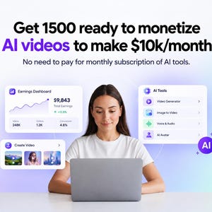 Pode incluir: Um gráfico digital com o texto Get 1500 ready to monetize AI videos to make $10k/month. No need to pay for monthly subscription of AI tools. Exibe um painel de ganhos, um menu de ferramentas de IA e uma interface de criação de vídeo.