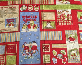 Christmas designer cotton Panel Gift bags and Tags by Debbie Mumm. "Let It Snow, Winter games