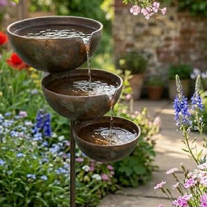 Può includere: Una fontana d'acqua a tre livelli per esterni con tre vasche color bronzo, ognuna delle quali fa cadere l'acqua nella successiva. La fontana è ambientata in un giardino con fiori colorati, pietre e vegetazione.