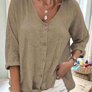 Chemisier bohème boutonné à col en V, haut d'été ample à manches 3/4