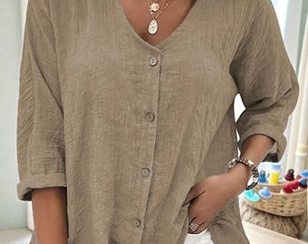 Boho V-Neck Button Blouse, Loose Fit 3/4 Sleeve Summer Top