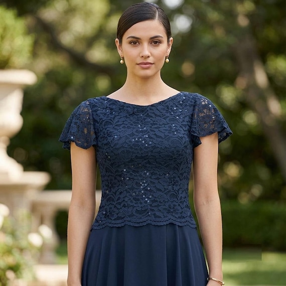 navy blue lace dress for wedding guest Zapaka Women Navy Long Sleeves A-Line Lace Long Mother of the Bride Dress V-Neck Long Sleeves Wedding Guest Dress, Navy / US14