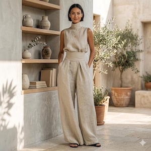 Ensemble deux pièces en coton et lin mélangés, pantalon large, caraco à bretelles à nouer, été bohème