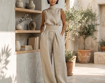 Cotton Linen Two Piece Set, Wide Leg Pants, Tie Strap Cami Top, Boho Summer