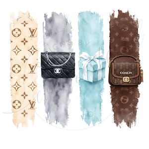 Puede incluir: Ilustración con artículos de lujo. Un bolso negro acolchado con cadena plateada, una caja de regalo azul claro con lazo blanco y dos bolsos con logotipos de diseñador. El fondo incluye pinceladas de acuarela en beige, gris, azul y marrón.