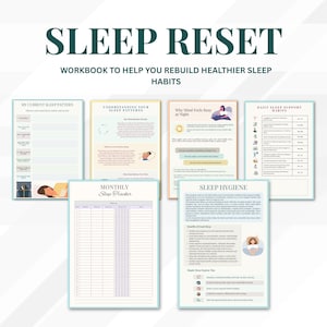 Könnte beinhalten: Ein Arbeitsbuch mit dem Titel "Sleep Reset" mit Seiten zu Schlafmustern, Schlafhygiene und täglichen Gewohnheiten. Die Seiten enthalten Diagramme, Checklisten und Text mit Illustrationen von Sonne, Mond und schlafenden Menschen. Das Arbeitsbuch soll helfen, gesündere Schlafgewohnheiten wieder aufzubauen.