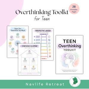Puede incluir: Una colección digital titulada Overthinking Toolkit for Teen con 28 páginas imprimibles. El conjunto incluye hojas de trabajo tituladas Signs You Overthink Too Much, Perspective Ladder, Confidence Blueprint y una portada con una ilustración.
