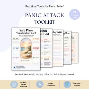 Puede incluir: Un conjunto de 24 páginas imprimibles titulado Panic Attack Toolkit, que incluye una tarjeta de visualización Safe Place con una ilustración de playa, una lista de técnicas de conexión a tierra y varios menús de actividades con texto en negro y tonos pastel.