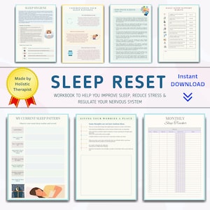 May include: A digital workbook titled "Sleep Reset" with pages on sleep hygiene, sleep patterns, phone screens, and daily habits. Includes a sleep tracker and space to record sleep patterns. Features the text "Instant Download."
