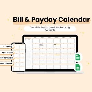 Puede incluir: Un calendario digital de facturas y pagos mostrado en la pantalla de una computadora portátil y un teléfono inteligente. La interfaz muestra una cuadrícula mensual para agosto de 2026 con casillas de verificación para rastrear facturas.