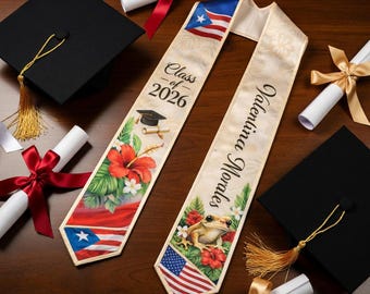 Custom Puerto Ricans Flag Graduation Sash, Personalized Boricua Graduation Stole, Puerto Rico Grad Gift for Friend, Class of 2026