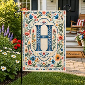 Personalized Crest Garden Flag, floral Preppy Coquette Initial Yard decor, Grandmillennial Decor, Porch Banner, Watercolor Chinoiserie Flag