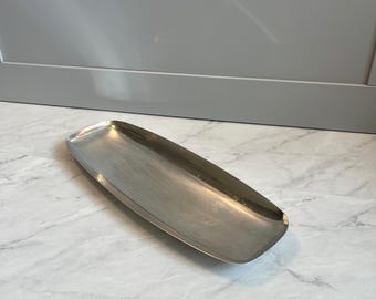 Vintage Mid Century Silver Plated Serving Tray | 14 Inch Sleek Oblong Bread Metal Platter | Minimalist Hollywood Regency Table Decor