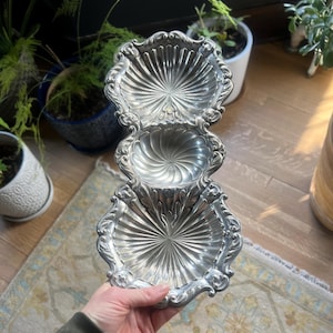 Vintage Silverplate 3 Section Shell Serving Tray | Ornate Footed Scalloped Dish | 14x6.5 MCM Trinket Catchall | 1970s Repousse Platter