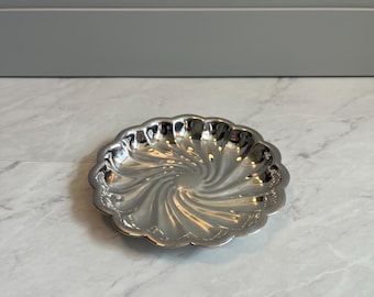 Vintage Silver Plate Bon Bon Dish | Scalloped Swirl Candy Bowl | Mid Century Metal Serving Tray | Small Shiny Trinket Dish 6.5"