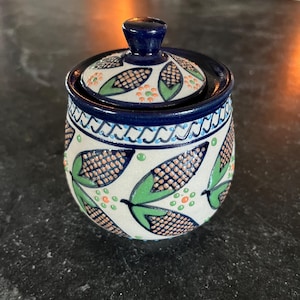 Vintage Javier Servin Mexico Pottery Lidded Jar | 4.25" Hand Painted Corn Pattern Sugar Bowl | Signed 1995 Mexican Folk Art | Cobalt Blue