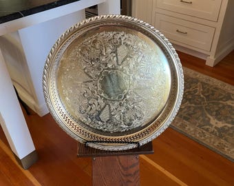 Vintage Oneida Silverplate Tray 13” | Ornate Serving Platter | Baroque Etched Round Tray | Decorative Silver Plate Home Decor