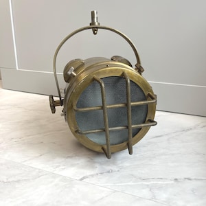 Luxury Brass Nautical Spotlight | Industrial Architectural Pendant Light | Premium Marine Hanging Searchlight | Caged Ceiling Statement