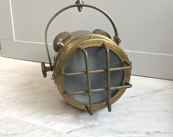 Luxury Brass Nautical Spotlight | Industrial Architectural Pendant Light | Premium Marine Hanging Searchlight | Caged Ceiling Statement