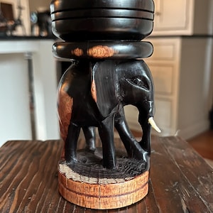 Vintage Hand-Carved Wood Elephant (5" T) | Candle Holder or Plant Stand | Boho Tribal Decor | Mid-Century Safari Art | African/Indian Accent