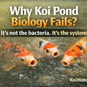 Può includere: Immagine di tre pesci koi che nuotano nell'acqua. I pesci hanno segni arancioni, bianchi e neri. Il testo nell'immagine recita: "Perché la biologia dello stagno Koi fallisce? Non sono i batteri. È il sistema."