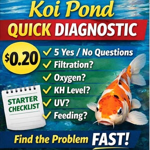 May include: An advertisement for a koi pond quick diagnostic service. The image features a colorful koi fish, a checklist, and text that reads "Koi Pond QUICK DIAGNOSTIC" and "Find the Problem FAST!" The checklist includes questions about filtration, oxygen, and feeding.