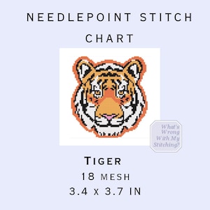Puede incluir: Un gráfico de punto de aguja con un diseño de cabeza de tigre pixelado en naranja, negro y blanco. El texto dice: NEEDLEPOINT STITCH CHART, TIGER, 18 MESH, 8,6 x 9,4 cm, y What's Wrong With My Stitching? en una pequeña insignia hexagonal.