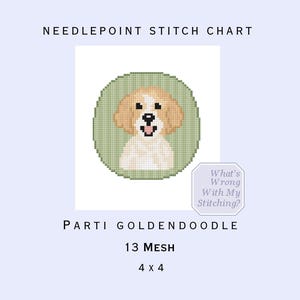 May include: Needlepoint stitch chart featuring a Parti Goldendoodle design. The chart includes a pixelated image of a dog within a green circle, with the text "What's Wrong With My Stitching?" and the dimensions 4 x 4.