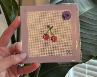 Mini Cherries Hand Painted Needlepoint Canvas Ready to Stitch
