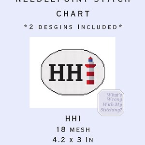 May include: Needlepoint stitch chart with two designs included. The chart features an oval design with the letters "HH" and a red and white lighthouse. The chart is 4.2 x 3 inches and has 18 mesh.