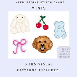 Pode incluir: Gráfico de ponto de cruz intitulado "Minis" com padrões pixelizados de um coelho, cerejas, um ursinho de pelúcia, um laço e um cão. O texto "5 Individual Patterns Included" também está presente.