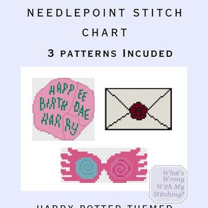 May include: Needlepoint stitch chart with three patterns included. The chart features three Harry Potter-themed designs: a pink birthday cake, an envelope with a red wax seal, and pink glasses. The text "HAPPEE BIRTH DAE HAR RY" is visible.