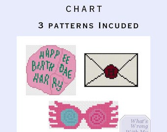 Harry Potter Bundle Needlepoint Stitch Charts- 3 Patterns Included- Luna Lovegood Glasses/Hogwarts Letter/Happee Birthdae Harry Cake