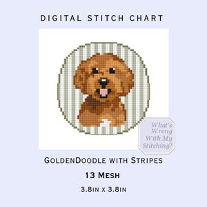 Gráfico de bordado de Goldendoodle sobre fondo de rayas/Gráfico digital de punto de cruz PDF/Impresión - Guía de bricolaje para pintar a mano sobre lienzo - Malla 13