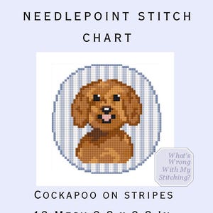 May include: Needlepoint stitch chart featuring a brown Cockapoo dog design on a striped background. The chart measures 3.8 x 3.8 inches and includes the text "Cockapoo on Stripes" and "What's Wrong With My Stitching?"