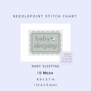 May include: Needlepoint stitch chart with the text "baby sleeping" in a light green frame. The chart is 12.4 x 9.3 cm. The text "What's Wrong With My Stitching?" is in the corner.
