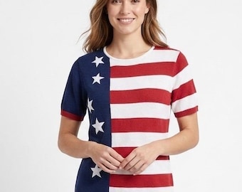 VTG White Stag Plus American Flag Sweater 16W 4th of July Stars Stripes Knit