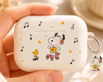 Snoopy Inspired Dog Music Beige AirPods Case, Roller Skating Puppy with Headphones, Cute Aesthetic AirPods Pro 2 Cover, Gift for Music Lover