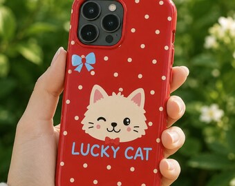 Lucky Cat Tough Phone Case, Cute Red Polka Dot Cat Case, Kawaii Kitty Phone Cover for iPhone and Samsung, Cat Lover Gift