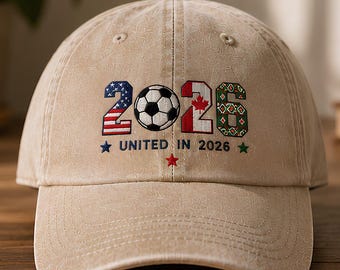 2026 Embroidered Soccer Cap, Vintage Washed Baseball Hat, USA Canada Mexico Football Fan Gift, United In 2026