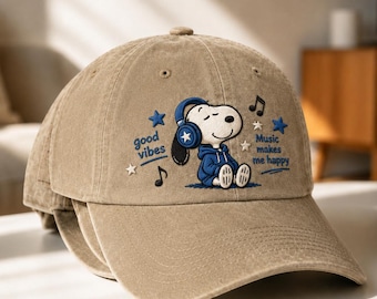Good Vibes Music Dog Embroidered Dad Hat, Cute Cartoon Dog Cap, Music Lover Gift, Relaxing Aesthetic Baseball Hat, Casual Everyday Cap